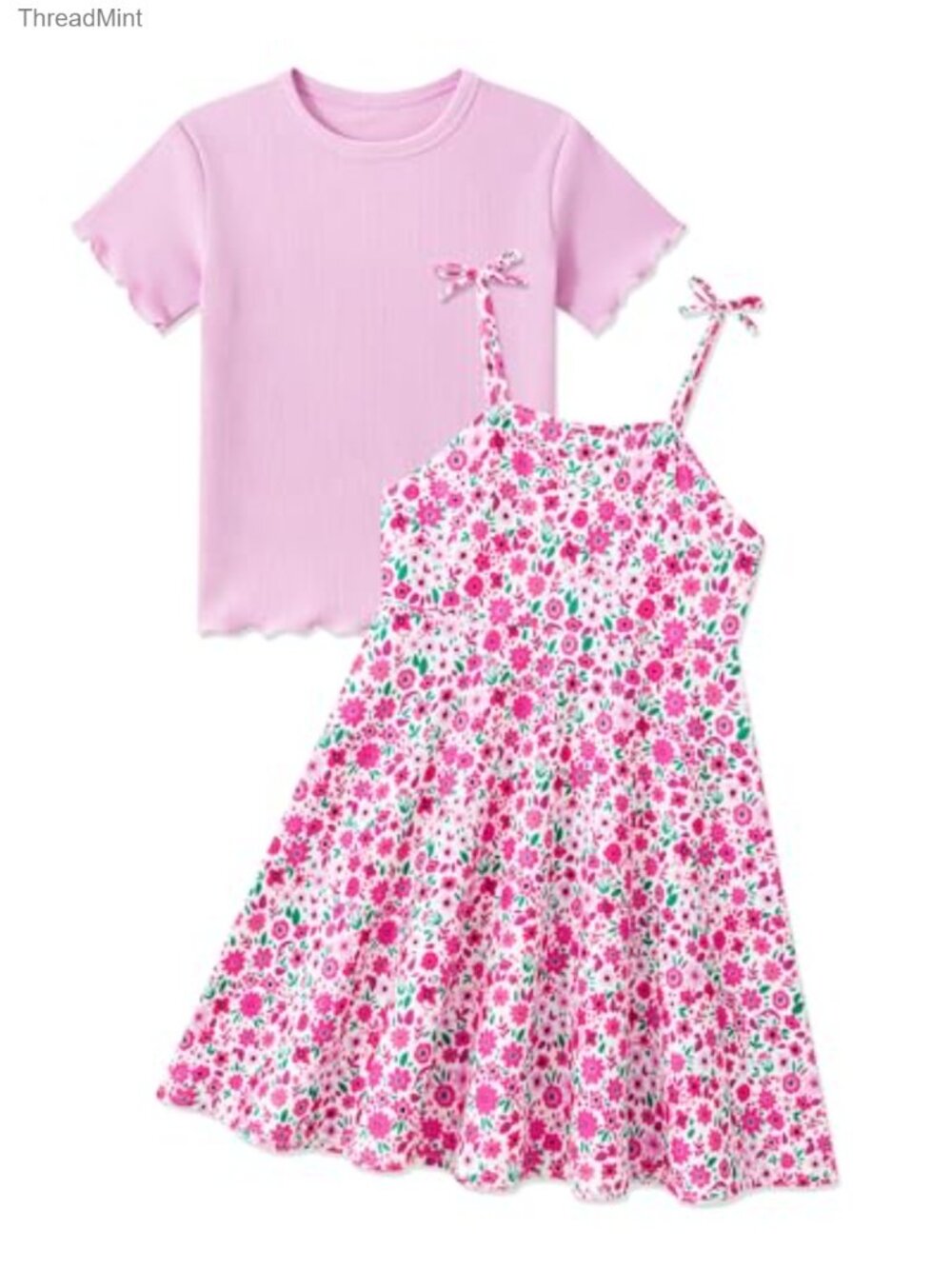 2-Piece Floral Sundress & Tee Set for Girls Adjustable Straps